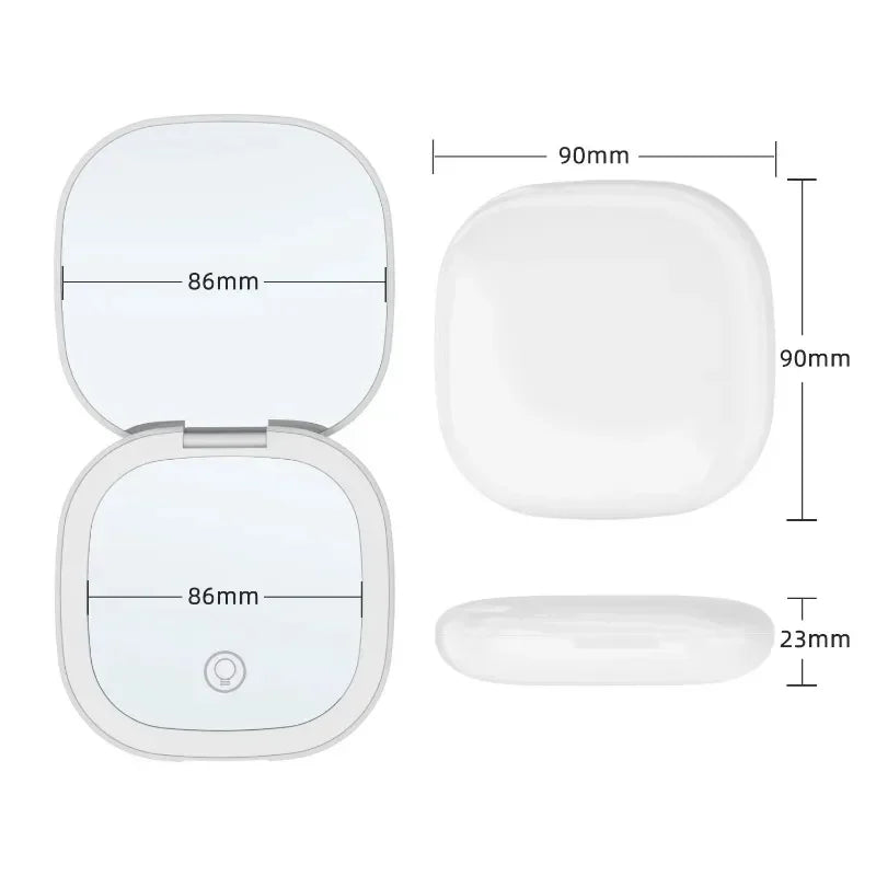 Portable Hand Held Pocket Makeup Mirror 2X magnifying with LED light capabilities.